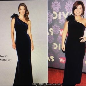 David Meister Black Velvet One Shoulder Dress